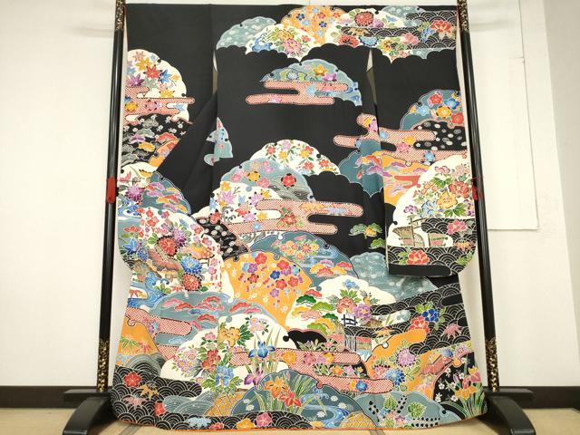平和屋着物●豪華振袖　紅型　風景花文　黒地　正絹　逸品　AABF0941ck 平和屋着物○豪華振袖 紅型 風景花文 黒地 正絹 逸品 AABF0941ck