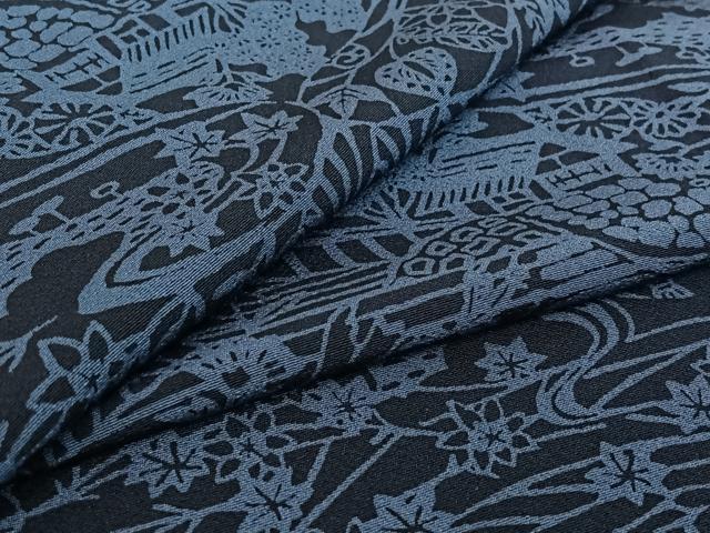 平和屋着物▽上質な小紋 単衣 藍 型染め 風景花文 正絹
