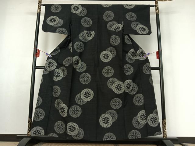平和屋着物▽上質な紬 単衣 源氏車文 黒地 正絹 逸品 AABF0981jh