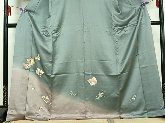 平和屋着物▽訪問着 単衣 駒刺繍 草花冊子文 暈し染め 金彩 正絹 逸品 AABF0998jh