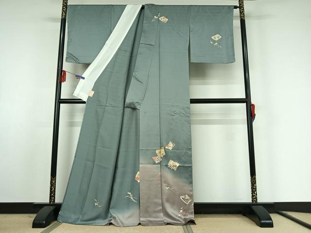 平和屋着物▽訪問着 単衣 駒刺繍 草花冊子文 暈し染め 金彩 正絹 逸品 AABF0998jh