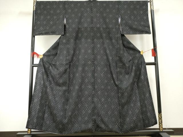 平和屋着物●上質な小紋 紋紗 麻の葉文様 黒地 正絹 逸品 AABF1025cs