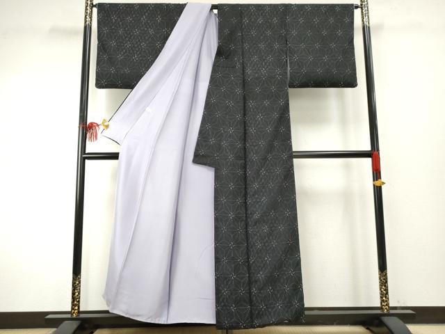 平和屋着物●上質な小紋 紋紗 麻の葉文様 黒地 正絹 逸品 AABF1025cs