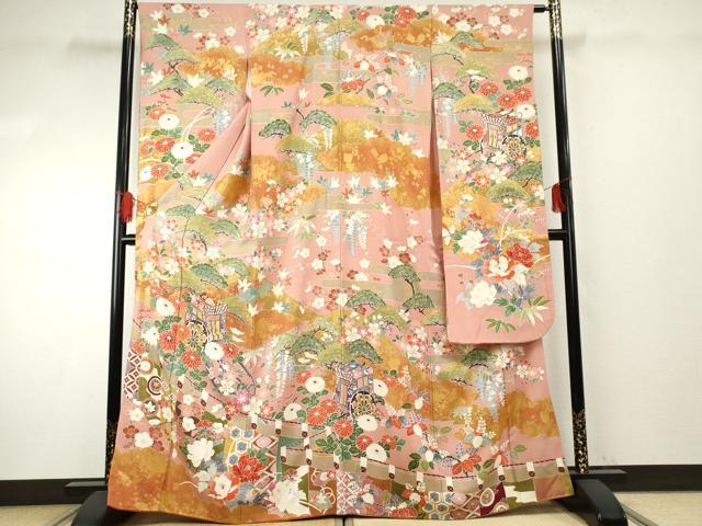 平和屋着物●豪華振袖 友禅 駒刺繍 御所車吉祥花文 金彩 正絹 逸品 AABF1030cs