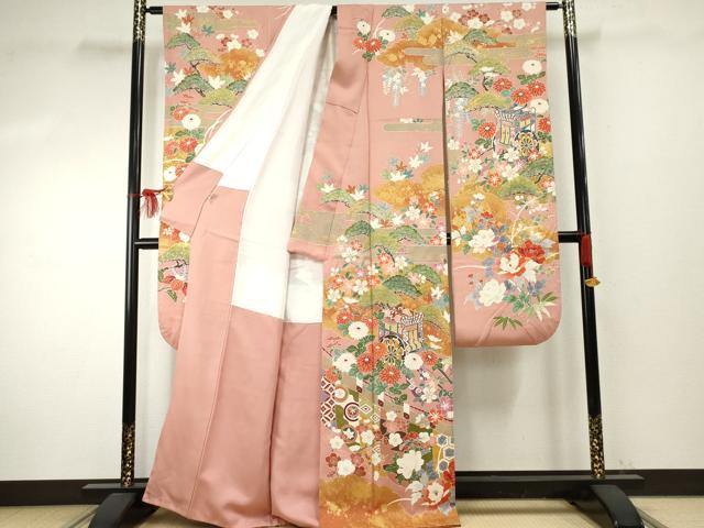平和屋着物●豪華振袖 友禅 駒刺繍 御所車吉祥花文 金彩 正絹 逸品 AABF1030cs