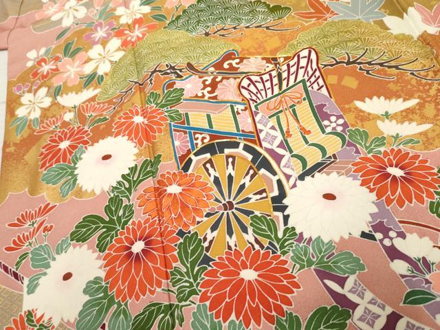 平和屋着物●豪華振袖 友禅 駒刺繍 御所車吉祥花文 金彩 正絹 逸品 AABF1030cs