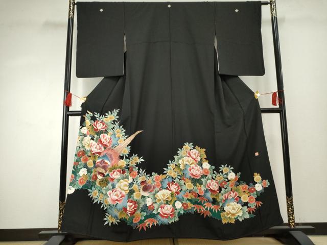 本加賀友禅 鶴見保次 黒留袖 鳥 比翼仕立て 正絹 躾糸付き HKT225 平和屋着物○本加賀友禅作家 鶴見保次 黒留袖 花鳥文 正絹