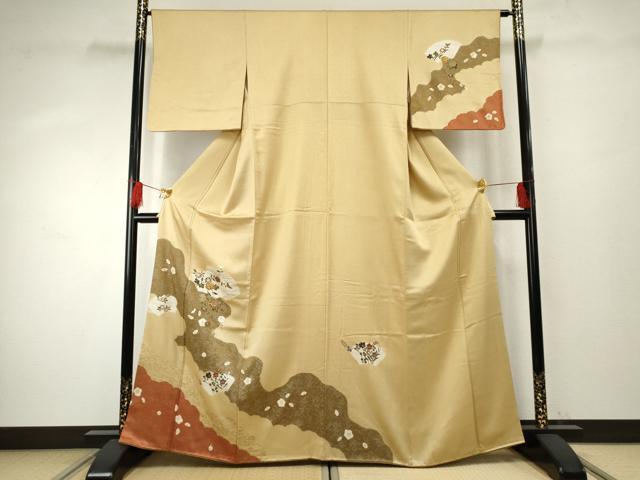 平和屋着物●訪問着 駒刺繍 地紙枝花文 金銀彩 正絹 逸品 AABF1052cs