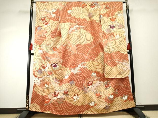 平和屋着物●十日町老舗ブランド 吉澤友禅 吾妻徳穂 振袖 駒刺繍 立波に橘 金彩 正絹 逸品 AABF1056cs