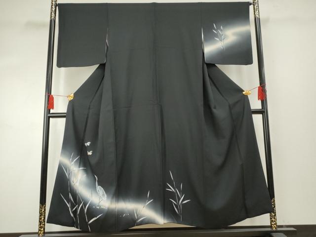 平和屋着物●訪問着　螺鈿　シロサギに舞蝶　暈し染め　黒地　金銀彩　さが美扱い　正絹　逸品　AABF1073cs 平和屋着物○訪問着 螺鈿 シロサギに舞蝶 暈し染め 黒地 金銀