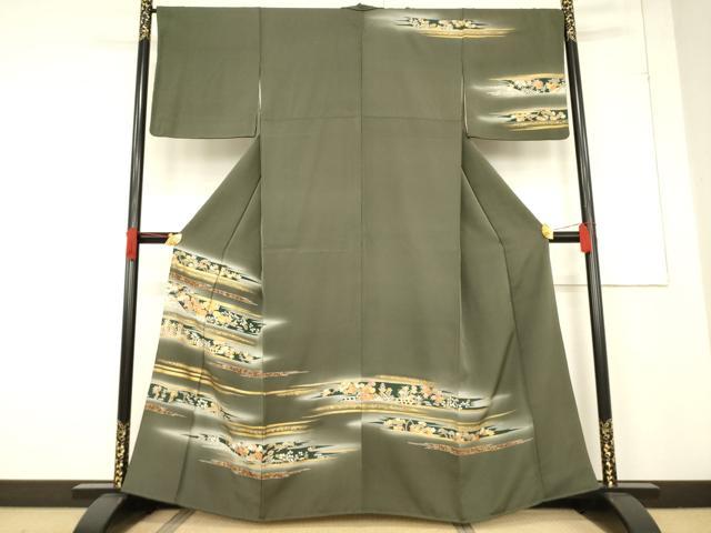 平和屋着物●訪問着　駒刺繍　渡り橋風景花文　金彩　正絹　逸品　AABF1339ck 平和屋着物○訪問着 駒刺繍 渡り橋風景花文 金彩 正絹 逸品 AABF1339ck
