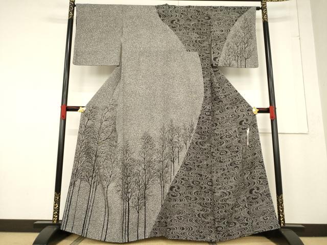 平和屋着物●二代目 川村久太郎 訪問着 流水樹林文 黒地 正絹 逸品 AABF1345ck