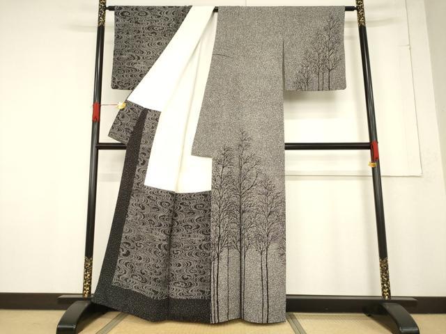 平和屋着物●二代目 川村久太郎 訪問着 流水樹林文 黒地 正絹 逸品 AABF1345ck
