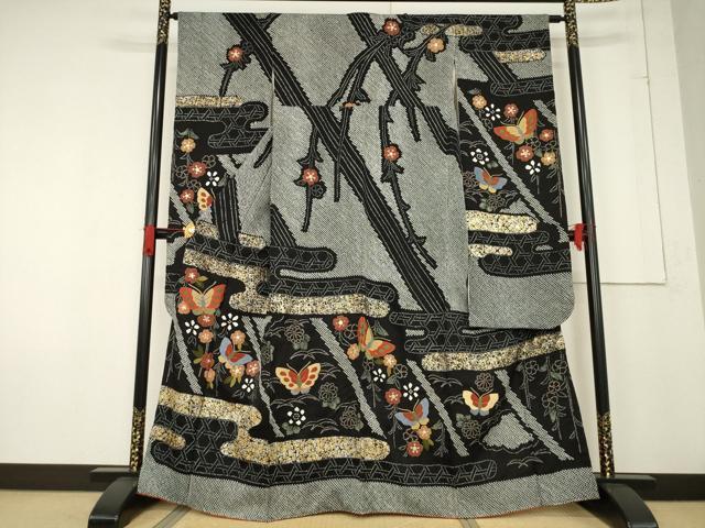 平和屋着物●豪華振袖　総絞り　中国三大刺繍　相良刺繍　花蝶文　黒地　金銀彩　正絹　逸品　AABF1353ck 平和屋着物○豪華振袖 総絞り 中国三大刺繍 相良刺繍 花蝶文 黒地 金銀
