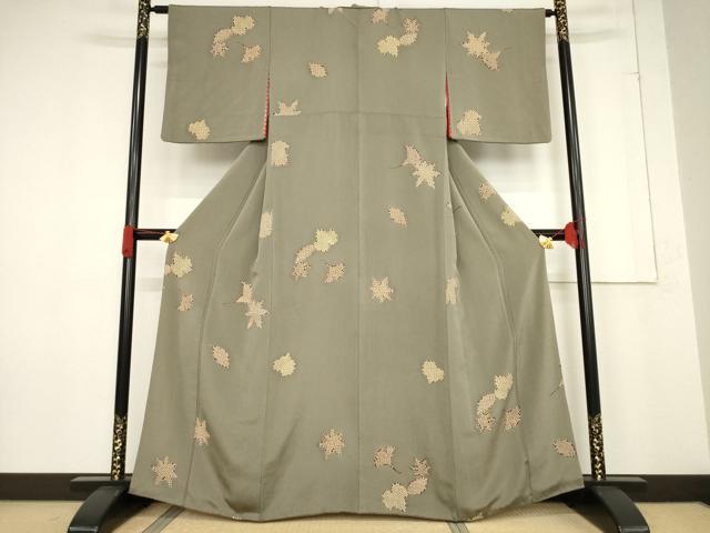 平和屋着物●上質な小紋 舞葉文 鬼しぼ縮緬 正絹 逸品 AABF1363ck