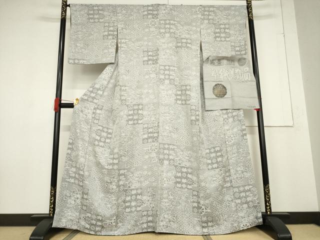 平和屋着物●山岡古都・古都染人 染織美術品 薬墨染 天目織 お召 市松吉祥花文 正絹 逸品 AABF1366ck