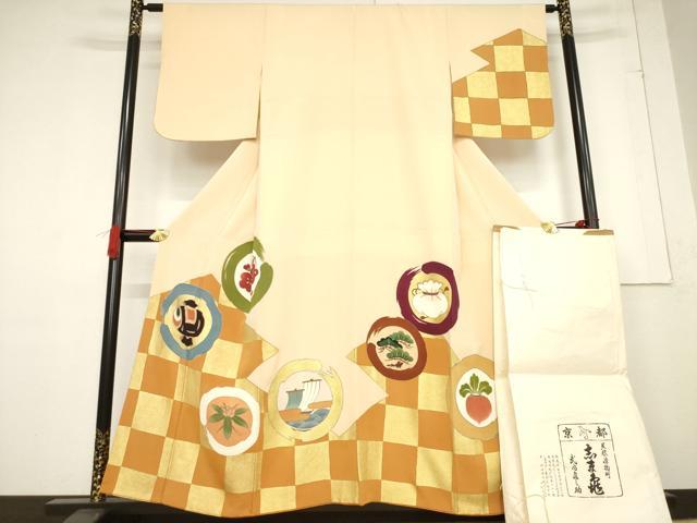平和屋着物●銀座 志ま亀 訪問着 市松吉祥花丸文 金彩 たとう紙付き 正絹 逸品 AABF1387ck