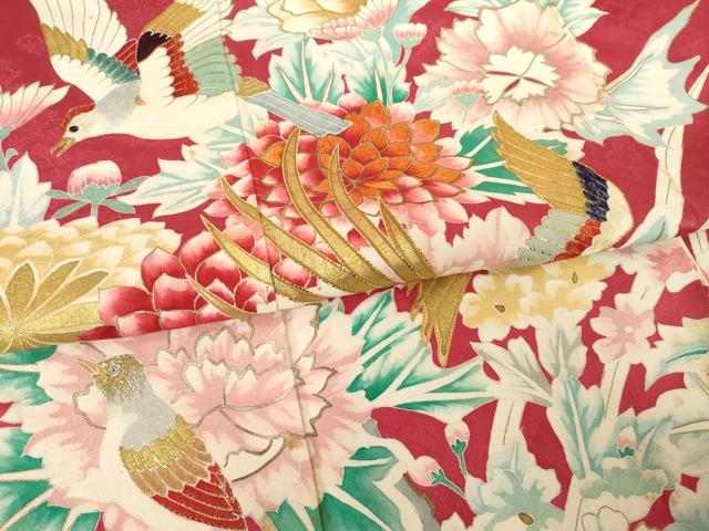 平和屋着物●豪華振袖・長襦袢(袷)セット 駒刺繍 染織名作展 花鳥文 金彩 長襦袢:広衿仕立て 正絹 逸品 AABF1389ck
