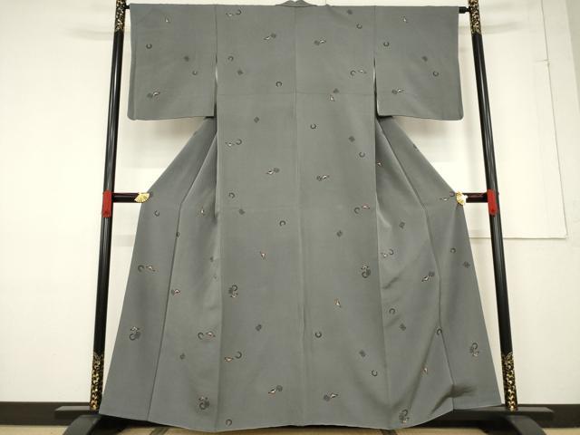 平和屋着物●上質な小紋 コウモリ 寿字 薄鼠色地 正絹 逸品 AABF1400ck