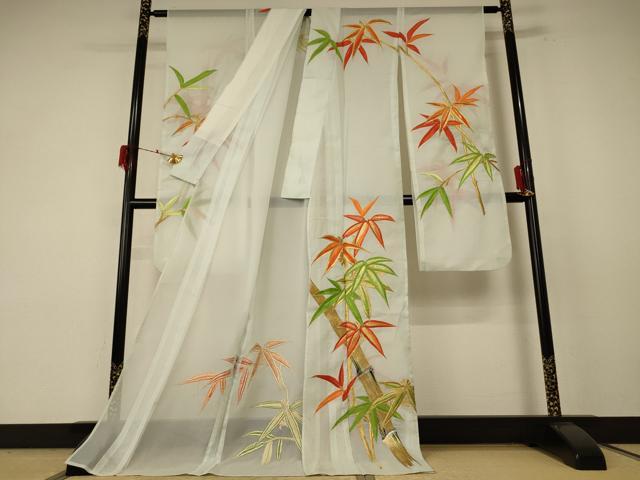 平和屋着物*夏物 振袖 絽 刺繍 笹竹文 金糸 洗える着物 AABF1605jd
