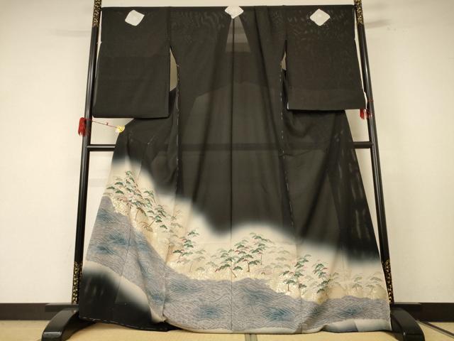 平和屋着物*夏物 黒留袖 駒刺繍 絽 風景松文 暈し染め 金彩 仮絵羽 正絹 逸品 未使用 AABF1639jd
