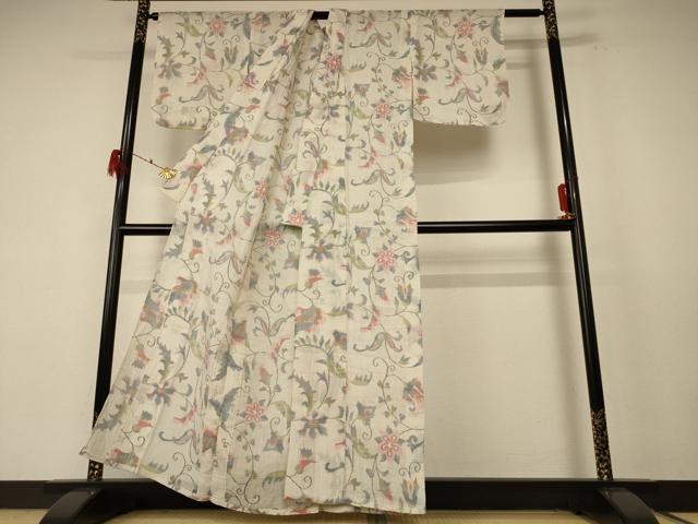 平和屋着物*夏物 小千谷ちぢみ 花唐草文 麻 逸品 AABF1668jd