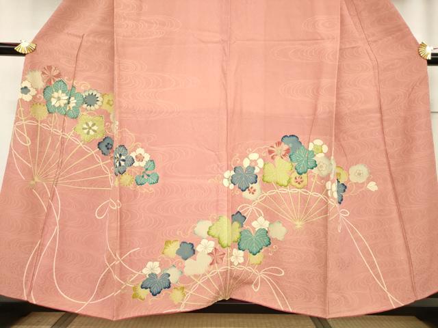 平和屋着物●セミアンティーク 訪問着 駒刺繍 扇面花文 金彩 正絹 逸品 AABF1788ck
