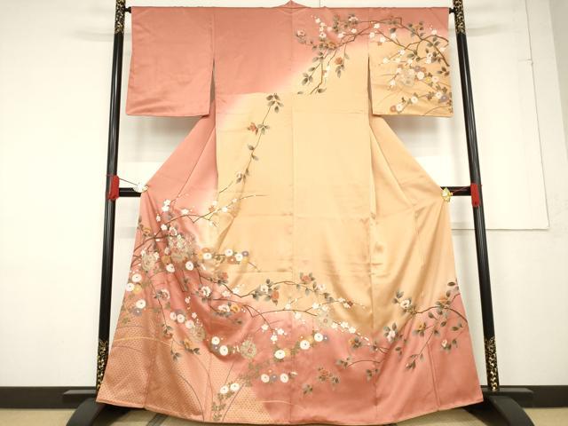 平和屋着物●訪問着 中国三大刺繍 スワトウ刺繍 汕頭刺繍 雪輪重ね花文 暈し染め 金彩 正絹 逸品 AABF1799ck