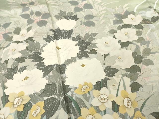 平和屋着物●染織工芸はまや 京都手描友禅作家 濱屋修一郎 訪問着 草花文 暈し染め 金彩 正絹 逸品 AABF1812ck