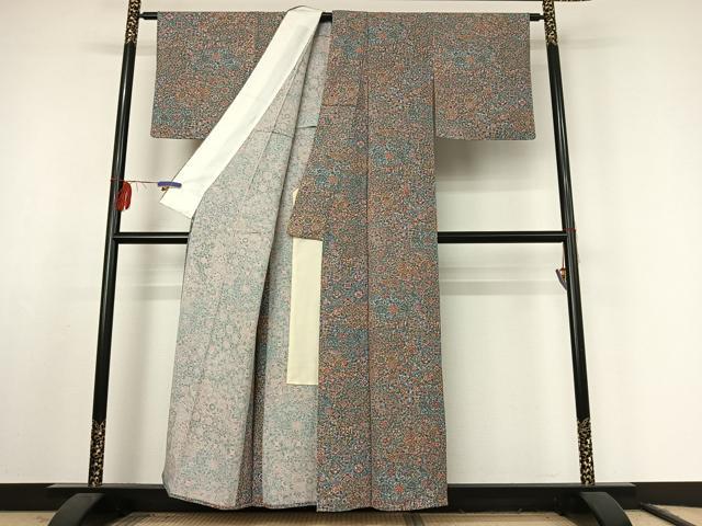 平和屋着物▽上質な小紋 単衣 更紗花文 正絹 逸品 AABF1844jh