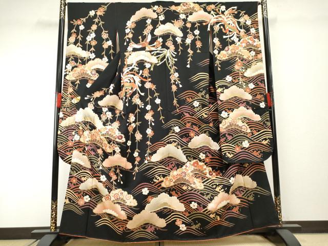 平和屋着物●豪華振袖　立波鳳凰花松文　黒地　金彩　正絹　逸品　AABF1993cs 平和屋着物○豪華振袖 立波鳳凰花松文 黒地 金彩 正絹 逸品 AABF1993cs