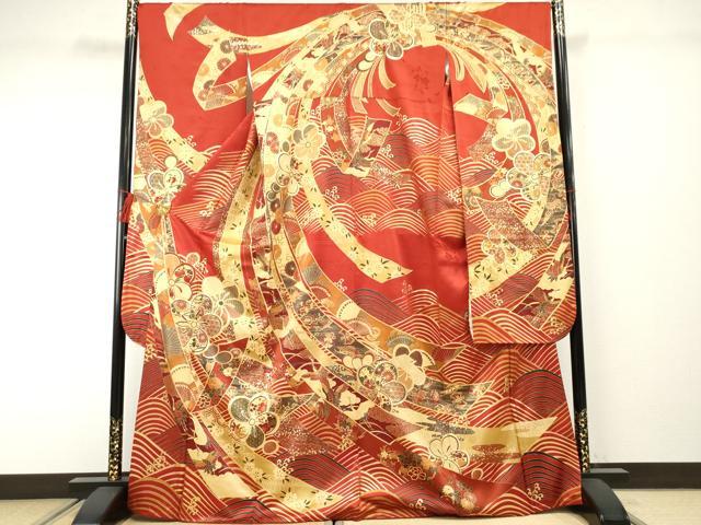平和屋着物●豪華振袖 駒刺繍 束ね熨斗飛鶴吉祥花文 金彩 正絹 逸品 AABF2003cs