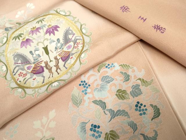 平和屋着物●京の名門 じゅらく謹製 訪問着 駒刺繍 狩猟花丸文 暈し染め 金糸 金彩 正絹 逸品 AABF2022cs