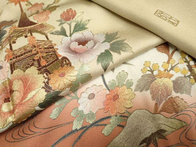 平和屋着物●友禅作家 大槻純 訪問着 流水草花文 暈し染め 金彩 正絹 逸品 AABF2035cs