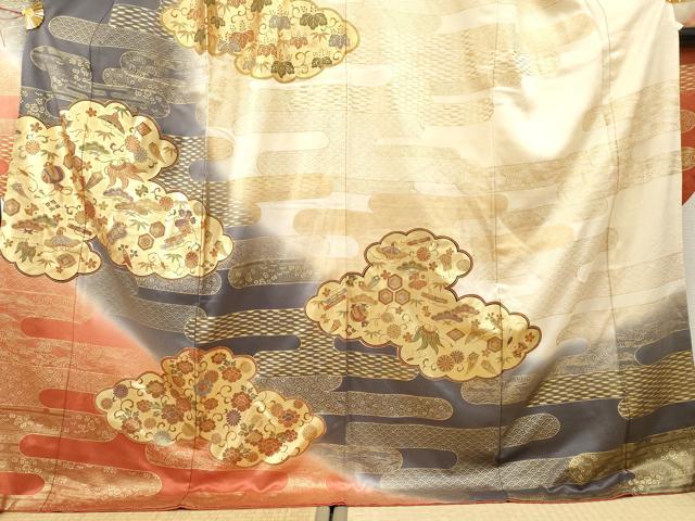平和屋着物●豪華振袖 雲取り吉祥花宝尽くし 金彩 ロング丈 正絹 逸品 AABF2068cs