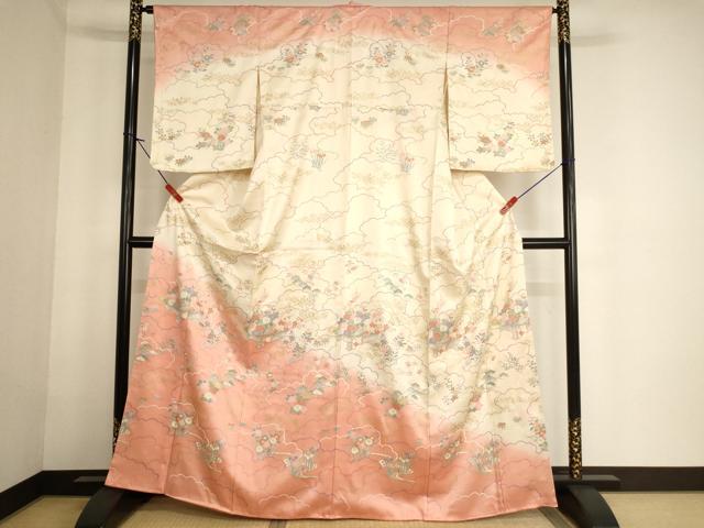 平和屋着物●訪問着　雲重ね文　暈し染め　ロング丈　正絹　逸品　AABG6964ck 平和屋着物□訪問着 雲重ね芝垣花文 暈し染め 金彩 正絹