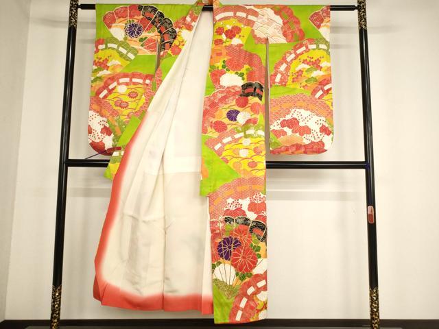 平和屋着物∵女の子 十三参り 子供 祝着 駒刺繍 檜扇花文 金彩 正絹 逸品 未使用 AABF2316ja