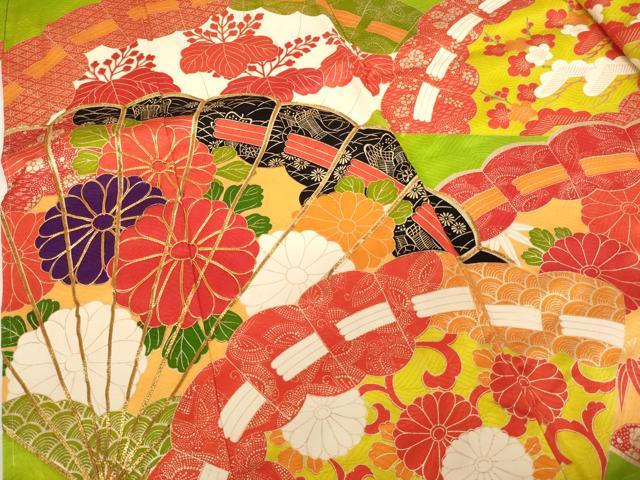 平和屋着物∵女の子 十三参り 子供 祝着 駒刺繍 檜扇花文 金彩 正絹 逸品 未使用 AABF2316ja