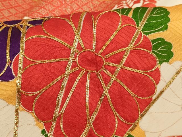 平和屋着物∵女の子 十三参り 子供 祝着 駒刺繍 檜扇花文 金彩 正絹 逸品 未使用 AABF2316ja