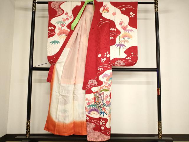 平和屋着物∵女の子 十三参り 子供 祝着 友禅 絞り 松竹梅御所車文 金彩 正絹 逸品 AABF2331ja