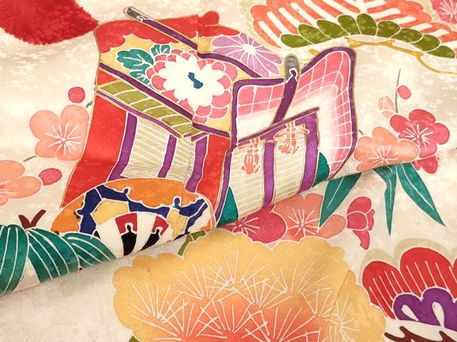 平和屋着物∵女の子 十三参り 子供 祝着 友禅 絞り 松竹梅御所車文 金彩 正絹 逸品 AABF2331ja