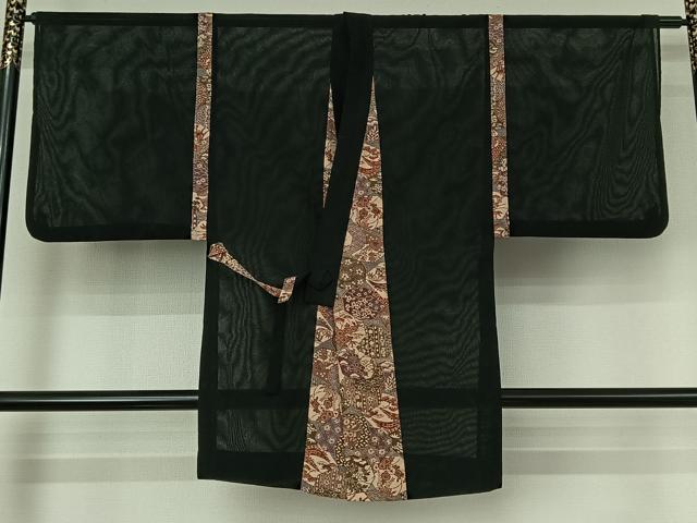 平和屋着物▽道中着 スリーシーズン 春夏秋 塵除け 草花文 黒地 正絹 逸品 AABF2524jh