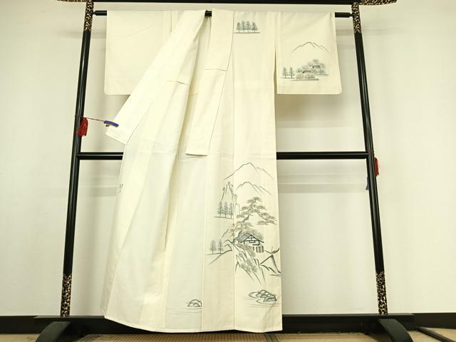 平和屋着物▽訪問着 単衣 作家物 紬地 手描き 風景文 金彩 正絹 逸品 AABF2529jh