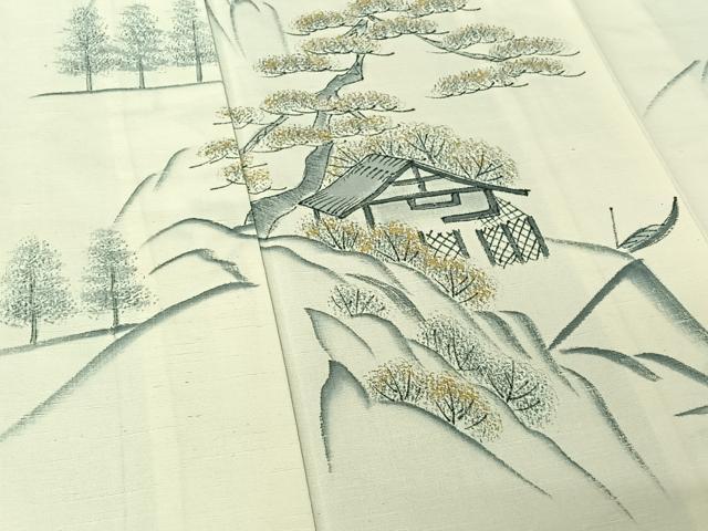 平和屋着物▽訪問着 単衣 作家物 紬地 手描き 風景文 金彩 正絹 逸品 AABF2529jh