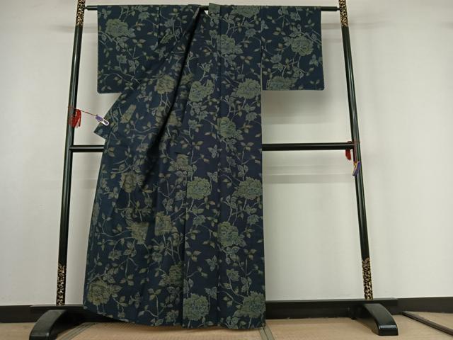 平和屋着物▽上質な紬 単衣 草花文 正絹 逸品 AABF2533jh