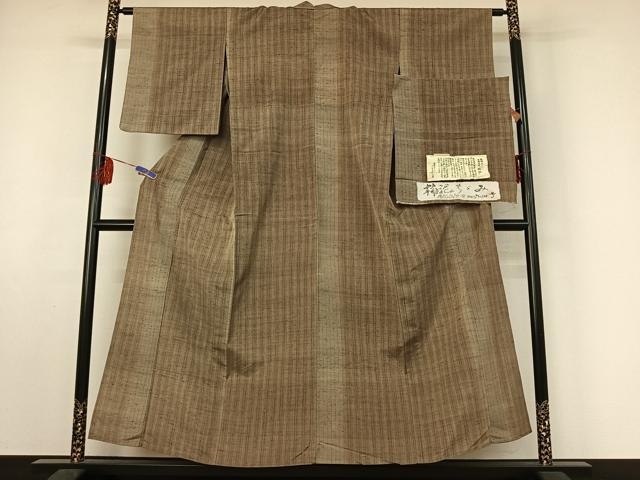 平和屋着物▽越後おぐに くるまや工房 紬 単衣 柿泥ちぢみ 縞 証紙付き 正絹 逸品 AABF2546jh