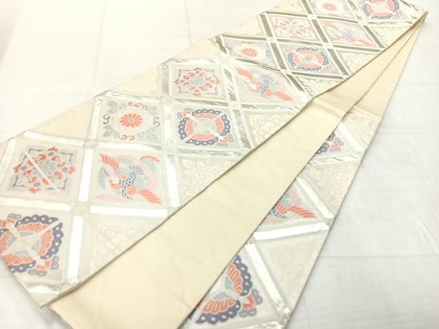 平和屋着物◎六通柄袋帯 唐織 舞蝶花鳥文 銀糸 正絹 逸品 AABF2598uk
