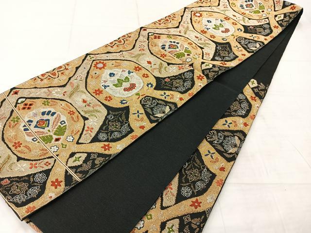 平和屋着物◎六通柄 本袋帯 更紗花文 黒地 金糸 正絹 逸品 AABF2608uk