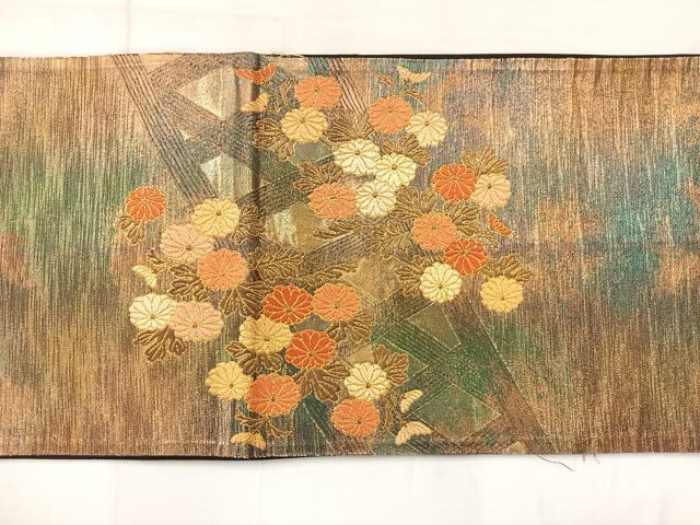平和屋着物◎太鼓柄袋帯 草花文 金糸 引箔 正絹 逸品 AABF2611uk