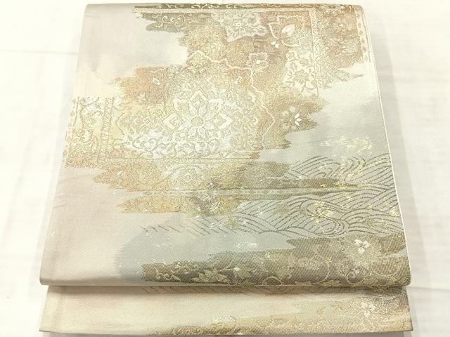 平和屋着物◎六通柄袋帯 霞花文 金糸 正絹 逸品 AABF2628uk